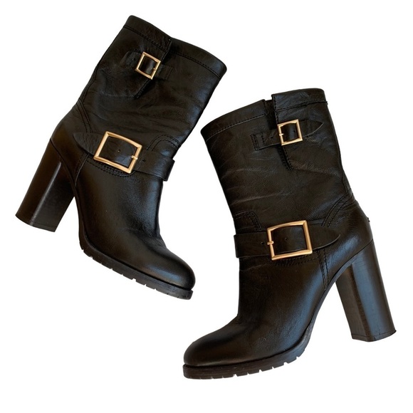 Jimmy Choo Dart Biker Black Leather Moto Combat Mid-Calf Buckle Bootie - Picture 14 of 16